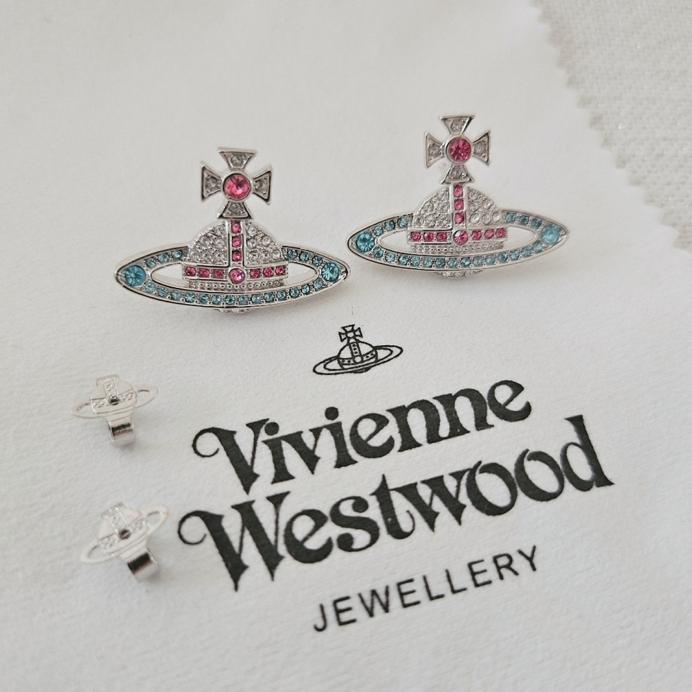 Vivienne Westwood Kika Pink Blue Rhinestone Silver Stud Earrings
